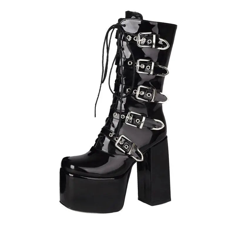 SIMLOVEYO Women Boots Toe Chunky High Heels 14cm Platform Hill 7.5cm Lace Up Belt Buckles Big Size 46 47 48