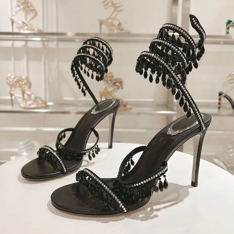 Sexy High Heels Gladiator Sandals Women Crystal String Bead Snake Twine Around Ankle Strap Wedding Shoes Summer Sandals Woman
