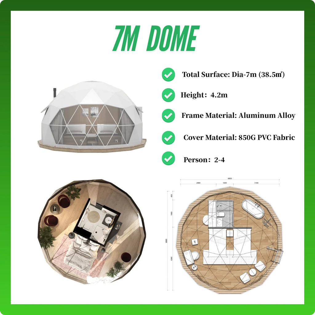 7M Customized Spherical Hotel Tents Outdoor Transparent PVC Dome Tent Geodesic House with Bathroom for Events Hotel Campsite