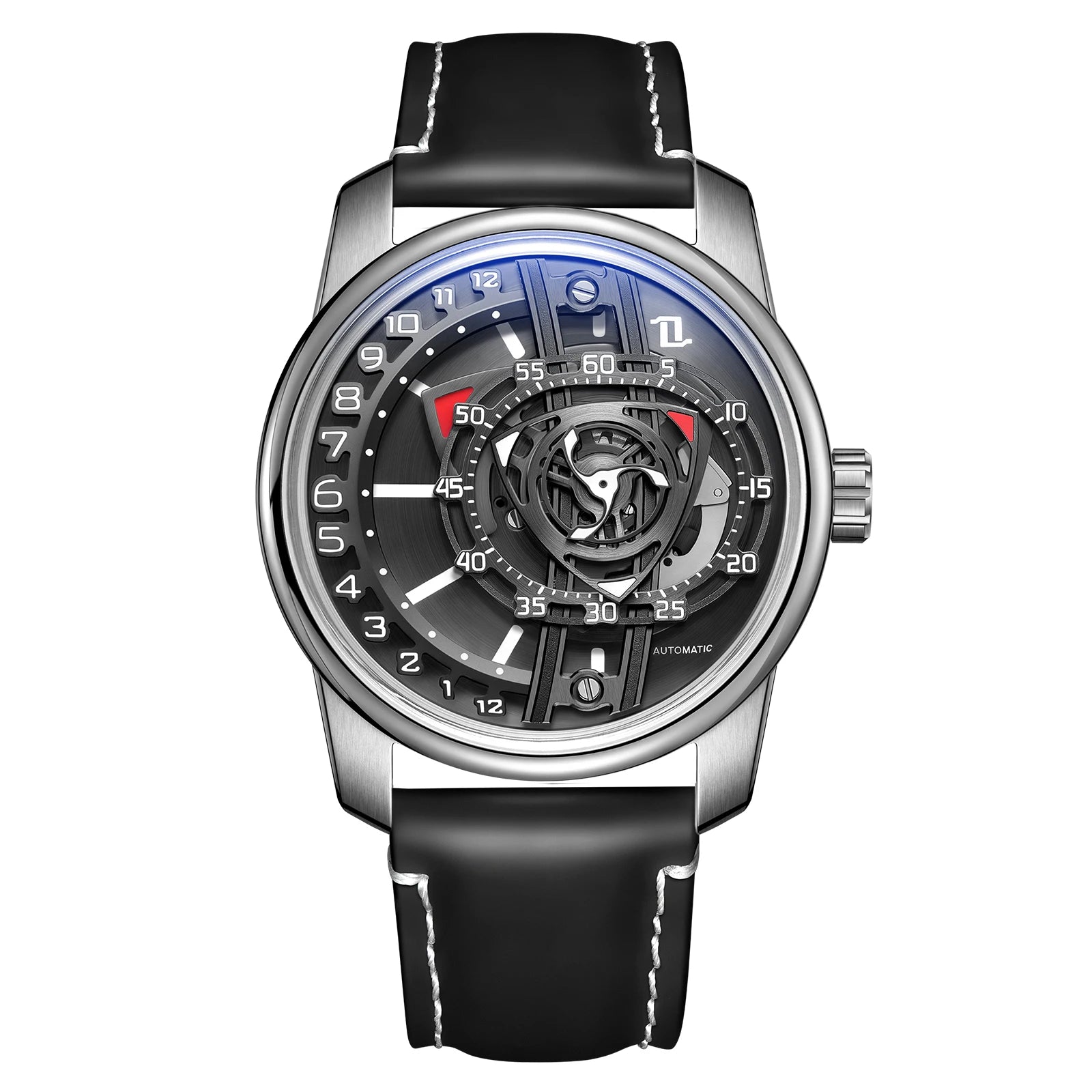 OBLVLO Fashion Men's Automatic Watch Forged Carbon Rotor Analog Display Luminous Hands Waterproof Leather Band Mechanical Watch.