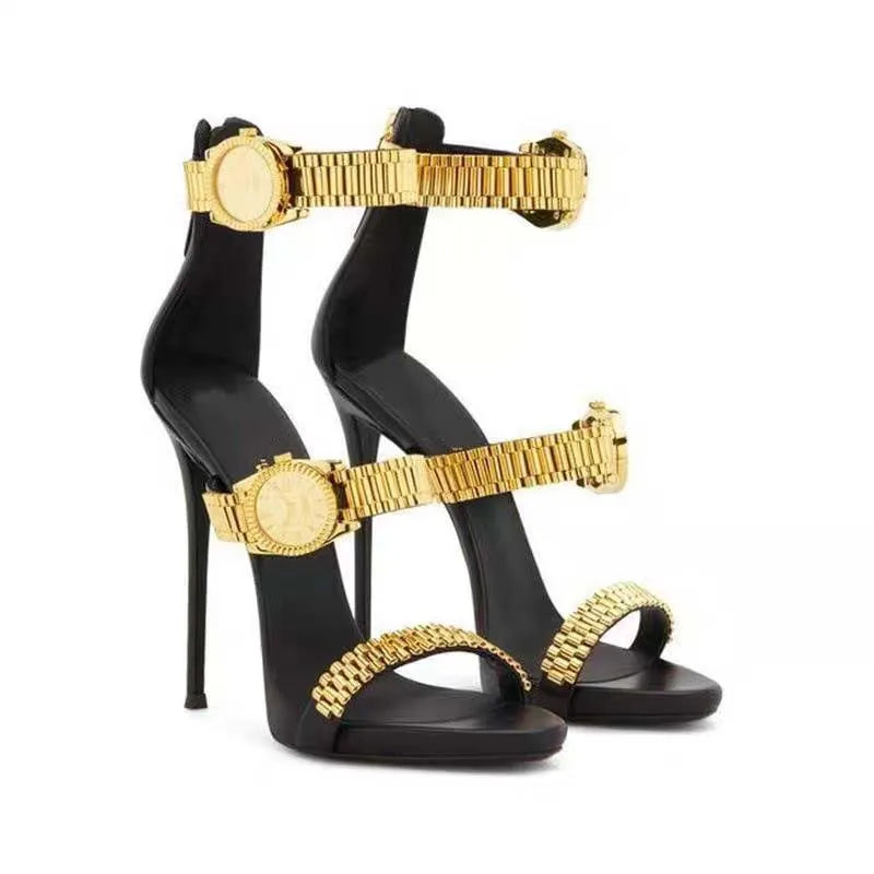 Womens Golden Watch Embellished Strap Sandals Sexy 12cm Stilettos High Heel Sandals Open Toe Ladies High Heels Party Shoes