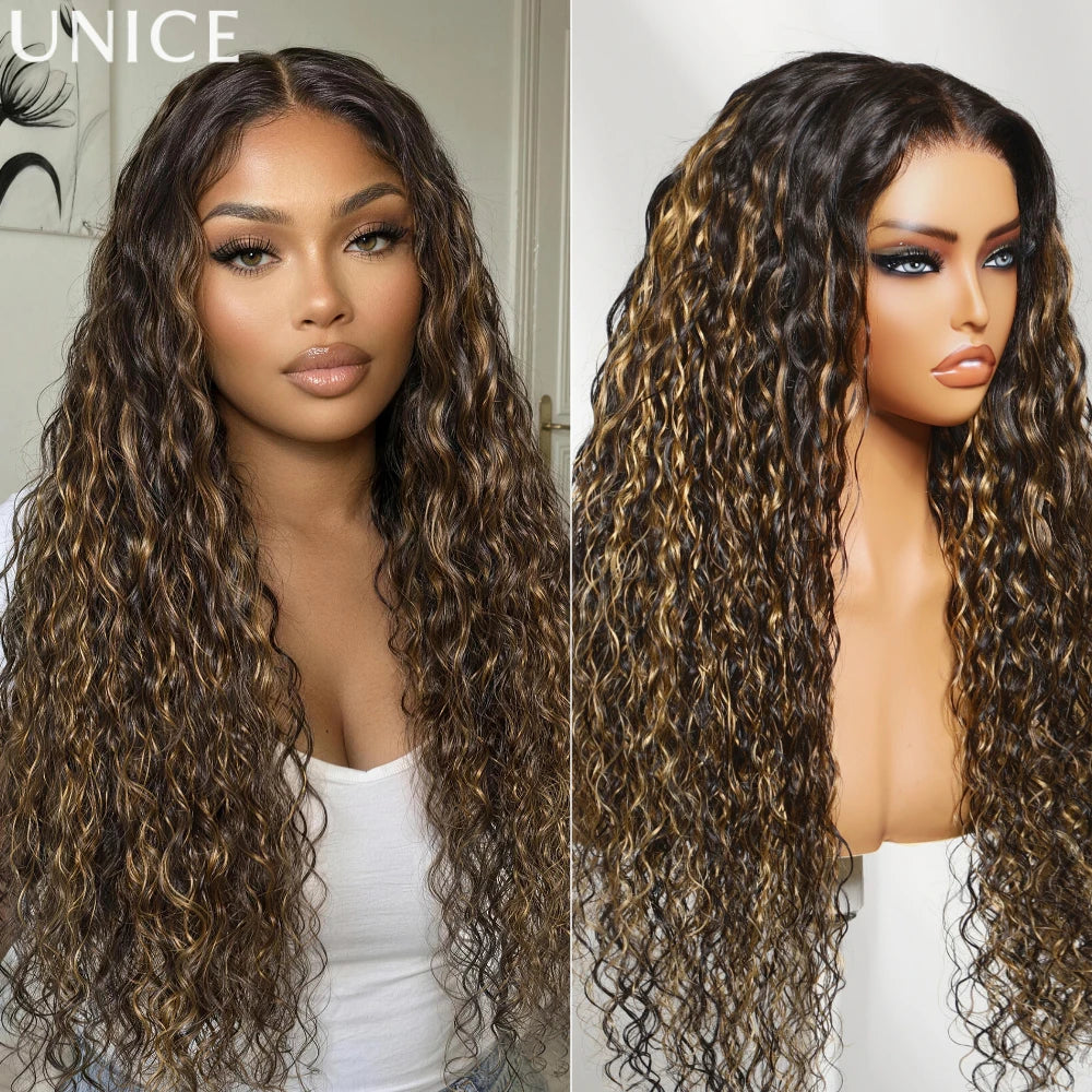 UNice 7x5 Bye Bye Slip™ Lace Golden Blonde Balayage Highlights Water Wave Wig With Drawstring Wear Go Glueless Human Hair Wigs