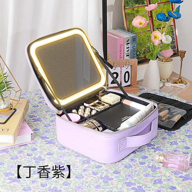 New LED Lighted Cosmetic Case with Mirror PU Leather Portable Travel Makeup Storage Bags