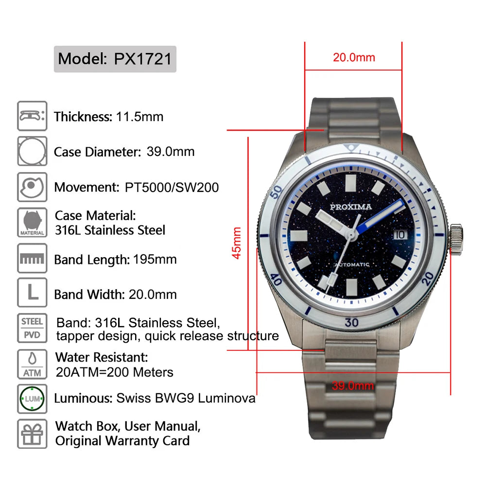 Proxima PX1721 Men's Automatic Mechanical Watches Aventurine Dial 39mm Sapphire Stainless Steel Waterproof Watch Reloj Hombre