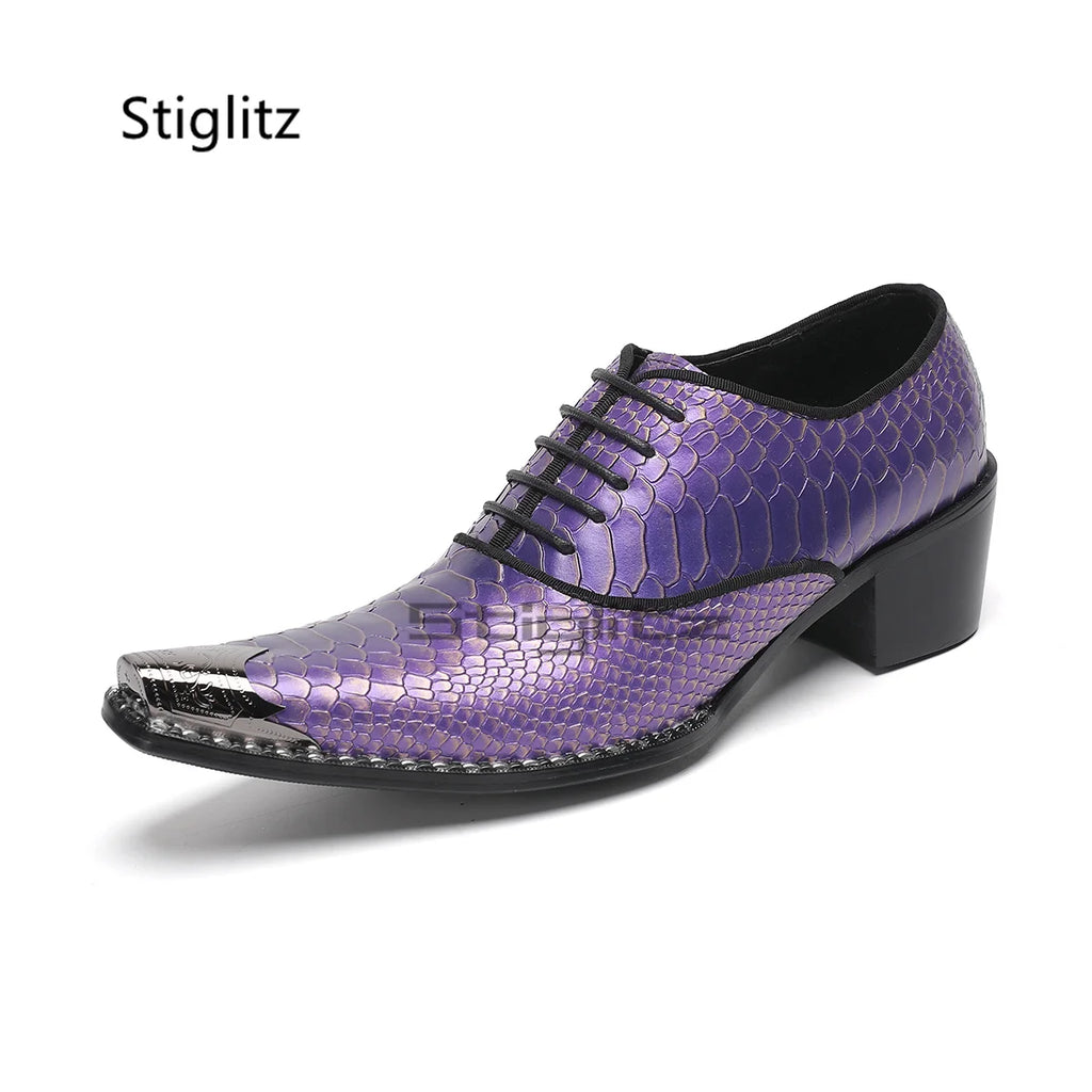 Purple Snake Grain Genuine Leather Shoes for Men Iron Pointed Toe Business Dress Shoes High Heels Luxury Lace Up Party Shoes