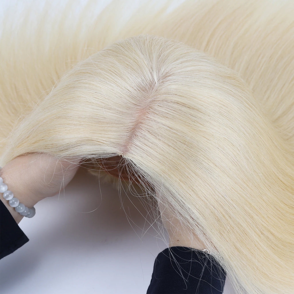 16inch Silk Top Wig without Lace Front #613 Real Virgin European Human Hair Wig with 1cm PU Silicone Base Natural Scalp