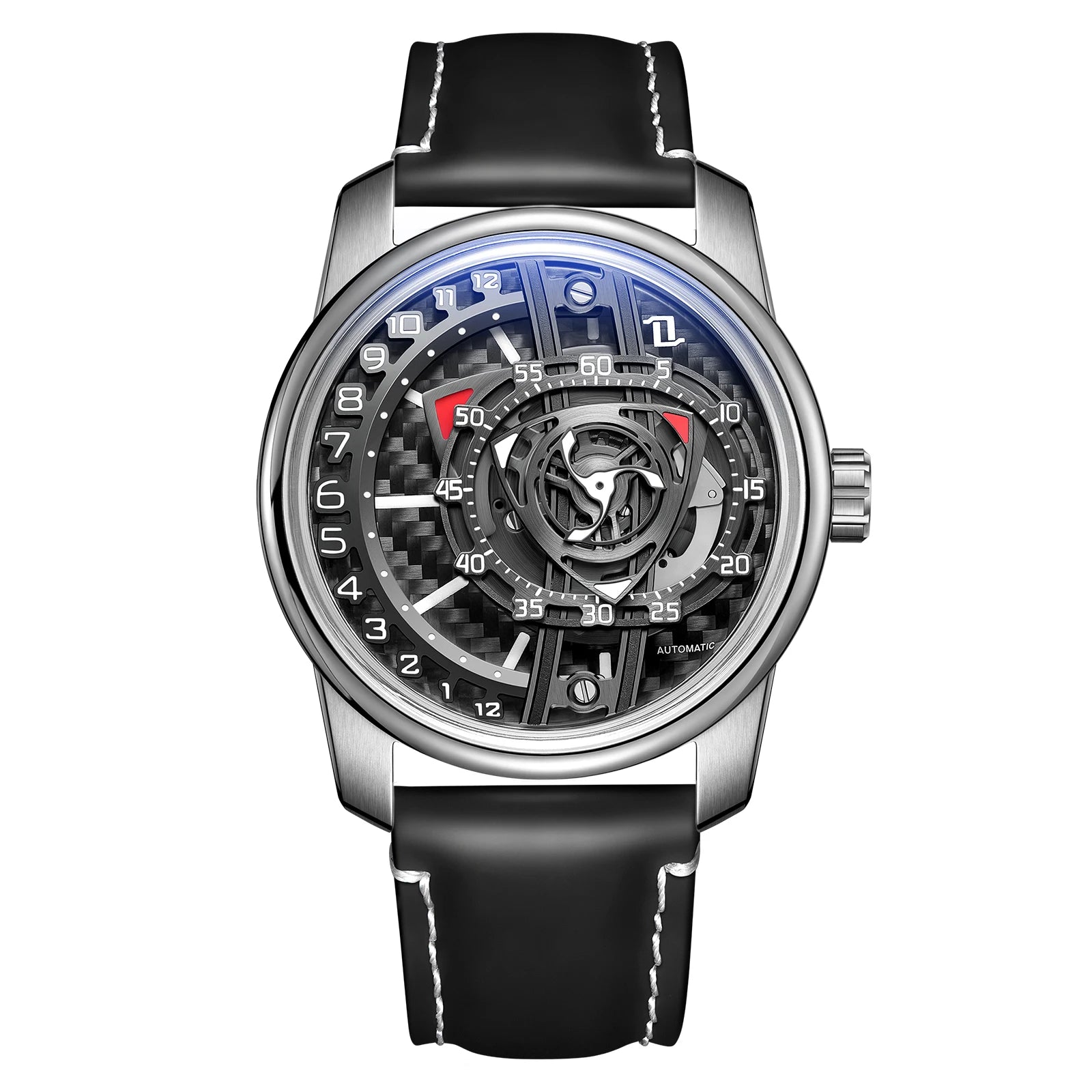 OBLVLO Fashion Men's Automatic Watch Forged Carbon Rotor Analog Display Luminous Hands Waterproof Leather Band Mechanical Watch.