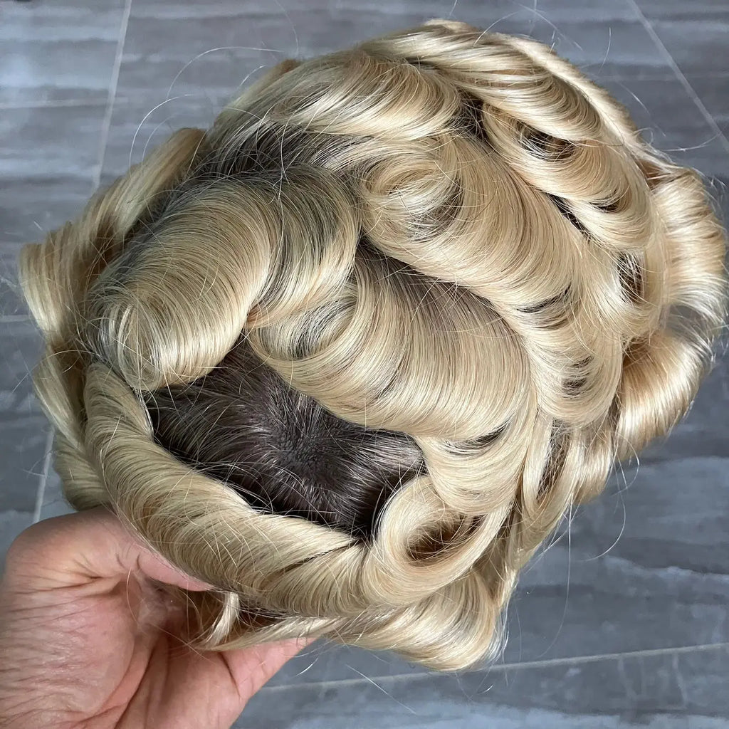 Brown Roots #613 Ombre Platinum Blonde Male Wig Europe Human Hair Toupee for Men Full PU 0.06mm Thin Skin VLoop Prosthesi System