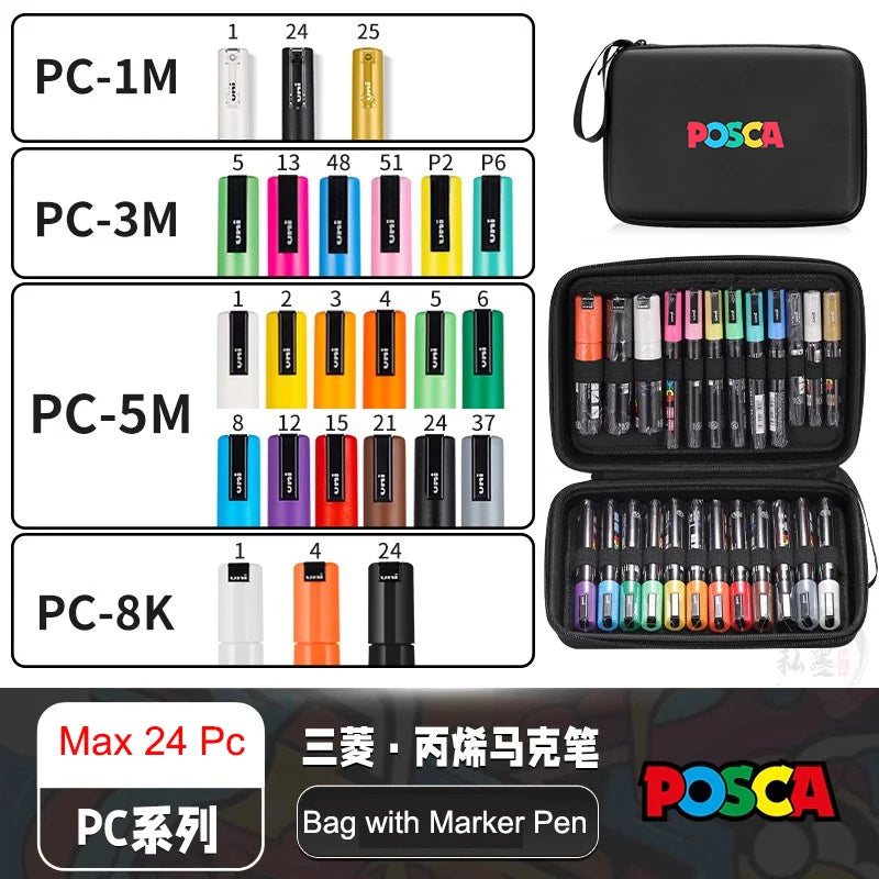 POSCA Acrylic Markers Organized in Bags, 0.7-2.5mm School Coloring Pens, Handy Original Japanese Professional Art Paint Supplies