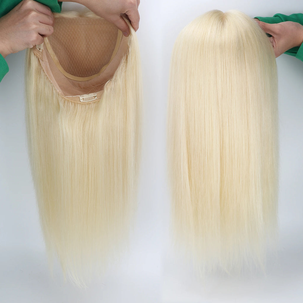 Light Blonde 6x6" Silk Base Wig for Women 18inch Remy Human Hair Wig with PU Around Medical Wig Elastic Net Everyday Wear