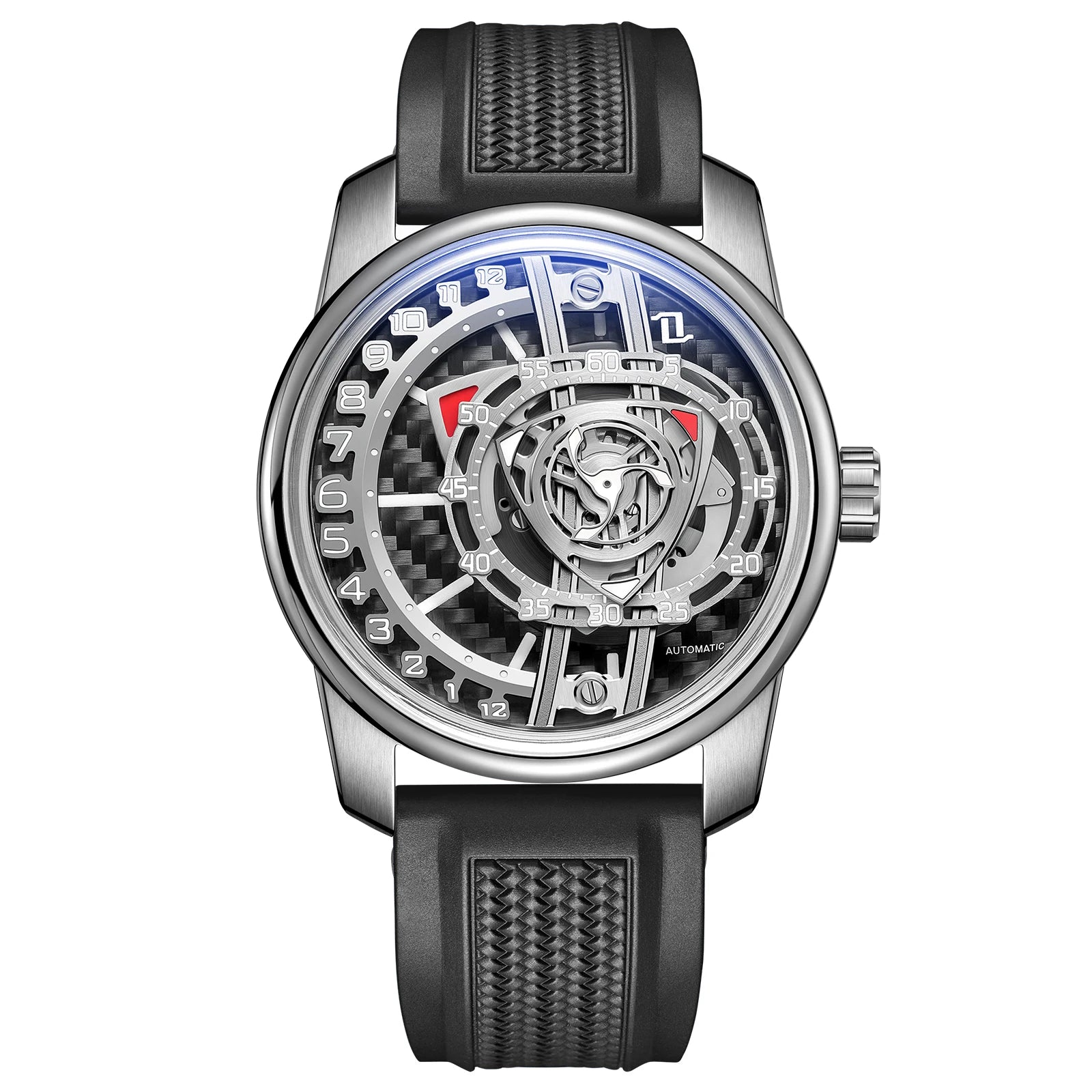 OBLVLO Fashion Men's Automatic Watch Forged Carbon Rotor Analog Display Luminous Hands Waterproof Leather Band Mechanical Watch.