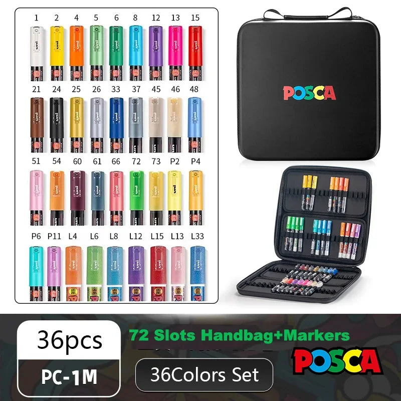 POSCA Acrylic Markers Organized in Bags, 0.7-2.5mm School Coloring Pens, Handy Original Japanese Professional Art Paint Supplies