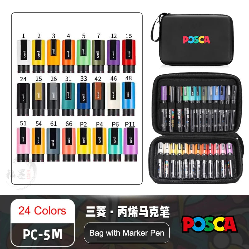 POSCA Acrylic Markers Organized in Bags, 0.7-2.5mm School Coloring Pens, Handy Original Japanese Professional Art Paint Supplies