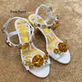 Bohemian Yellow Prints Chunky Heels Women's Sandals Rhinestone Jewels High Heels Summer Open Toe Vacation Beach Shoes 6/10Cm