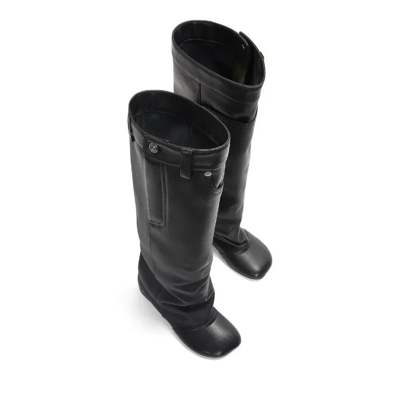Black Belt Design Pleated Lazy Knee High Boots 2023 New Women's European and American Style High Heels Fashion Boots Size 34-43