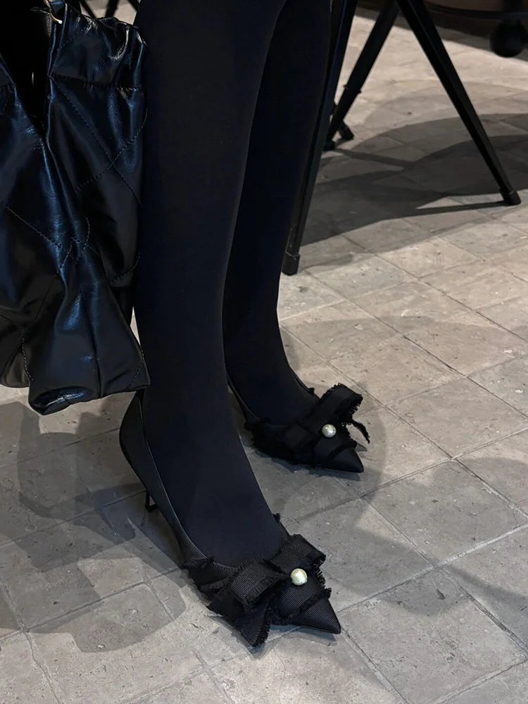 Black Bow Pumps Pearl Decor Pointed Toe High Heels Fashion Denim Slip On Summer Women Casual Party Dress Stiletto Daily Shoes