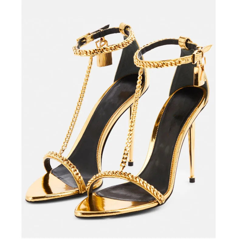 Fashion Minimalist Gold Chain Padlock High-heel Sandals European American Sexy Slim Heel Open Toe Metal Chain Pointed High Heels