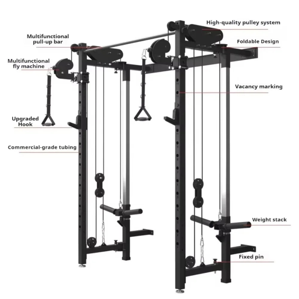 Foldable Squat Rack Wall Mount Multi-Function Trainer Bench Press LAT Pulldown Home Gym Strength Workout Fitness Equipment