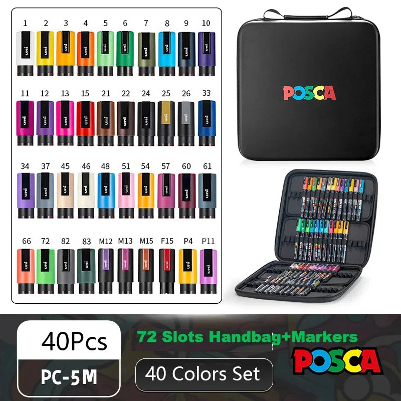 POSCA Acrylic Markers Organized in Bags, 0.7-2.5mm School Coloring Pens, Handy Original Japanese Professional Art Paint Supplies