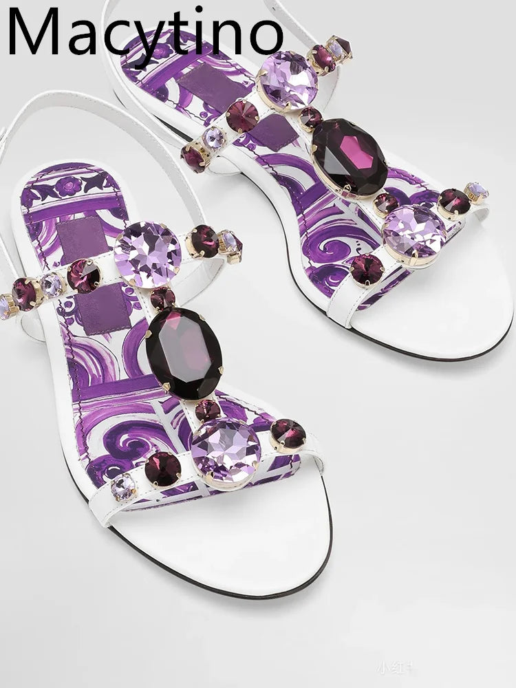 Summer New Bohemia Rhinestone Thick Heel Sandals Fashion Open Toe Print Gemstone Buckle Strap Dress High Heels Ladies 6cm/10cm