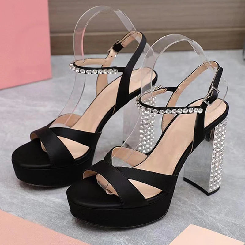 Summer Super High Heels Sandals Woman Rhinestone Studded Chunky Heels Party Shoes Woman Crystal Platform Sandals For Women