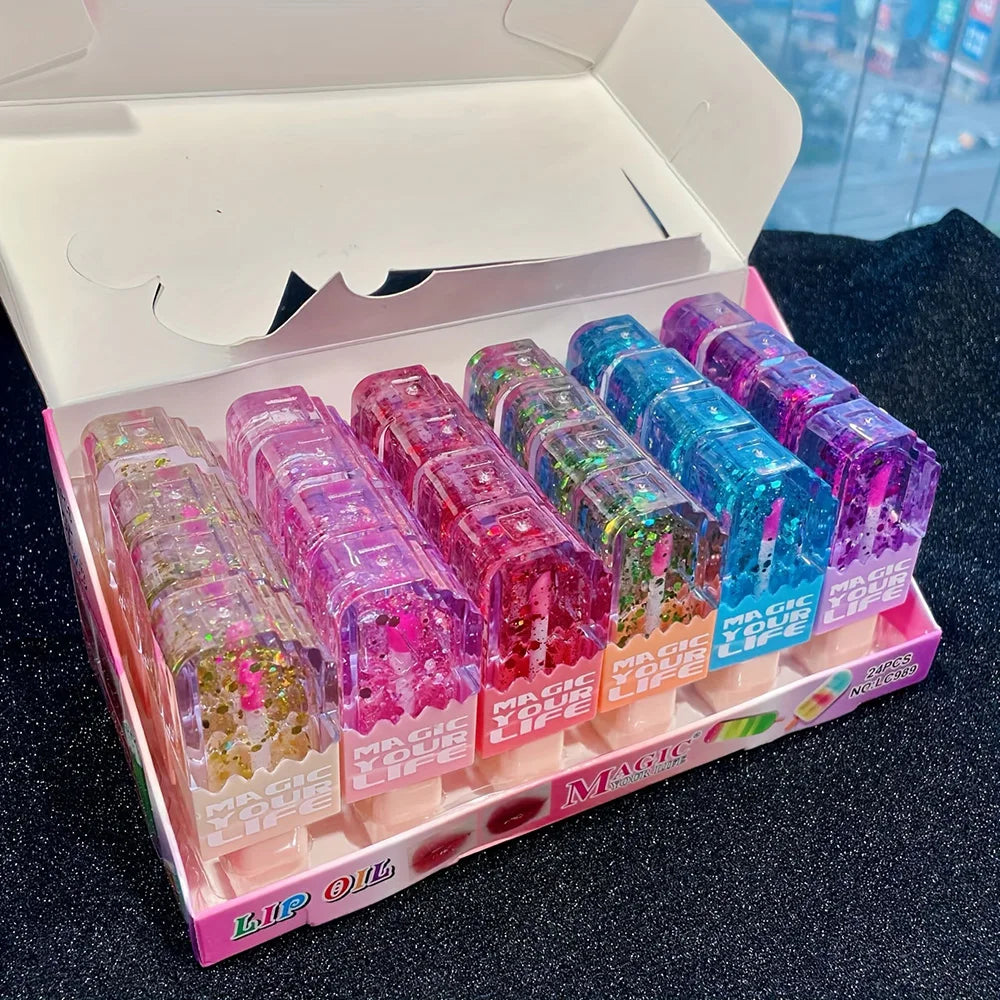 24pcs Cute Ice Cream Sequin Lip Gloss Colorchanged Lip Gloss Girls Kawaii Natural Moisturizing Lips Makeup Party Gifts