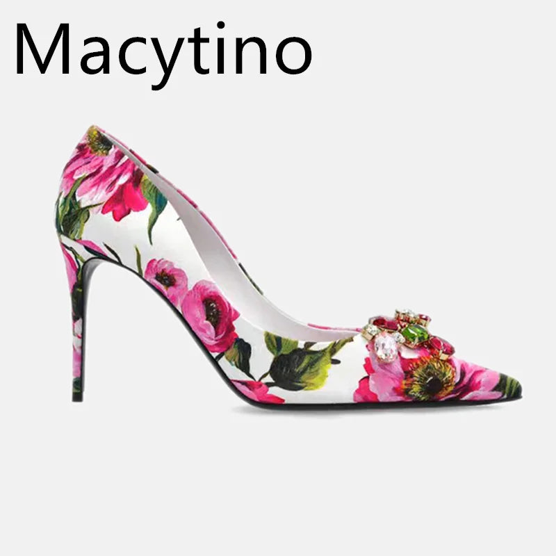 Ladies Spring Autumn Print Design High Heels Stilettos Pointed Toe Slingback Wedding Party Shoes Fashionable