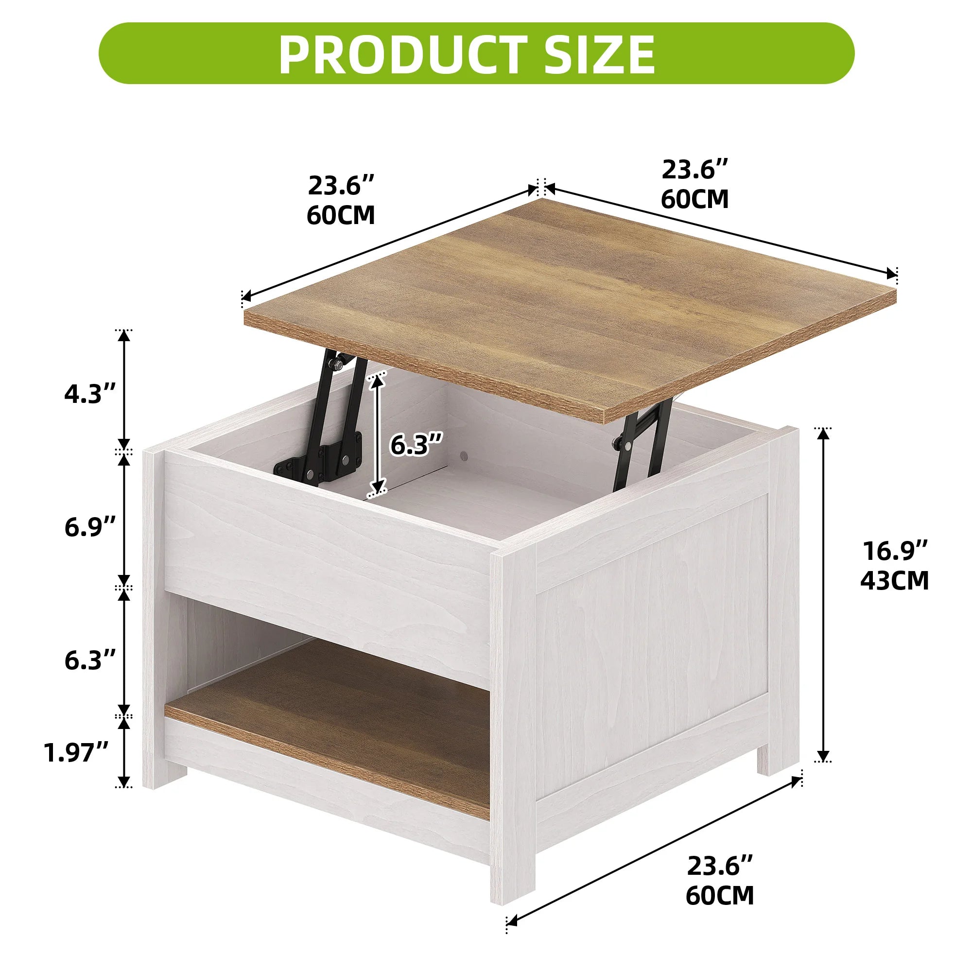 YITAHOME Square Lift Top Coffee Table - Rustic Wood with Storage, Farmhouse Grey Wash, 60x60x45cm for Living Room