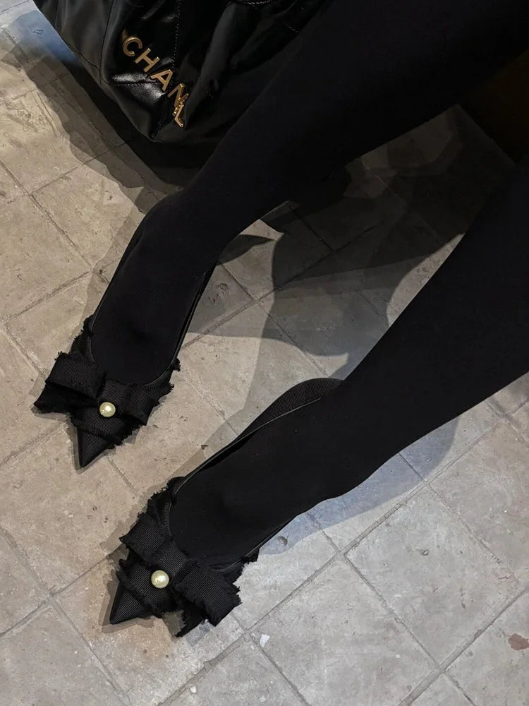 Black Bow Pumps Pearl Decor Pointed Toe High Heels Fashion Denim Slip On Summer Women Casual Party Dress Stiletto Daily Shoes