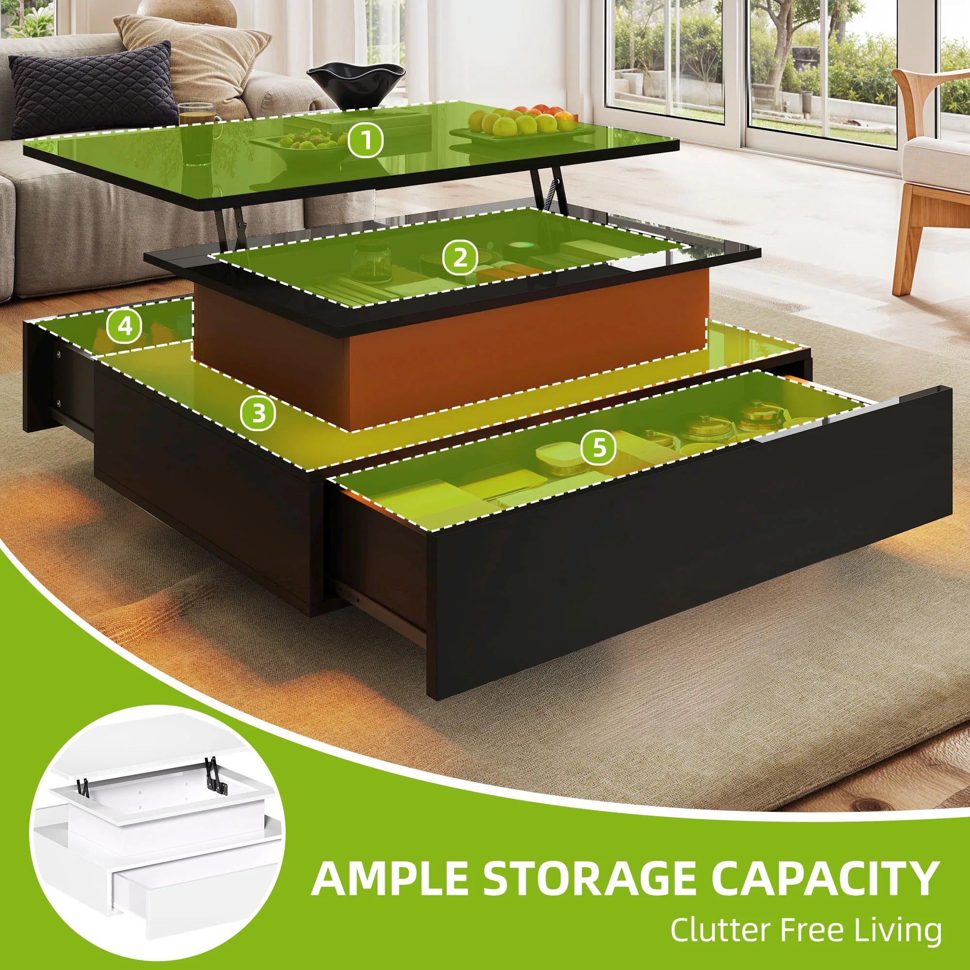 YITAHOME Lift-Top Coffee Table - Rectangular Modern Design with 16-Color LED Lighting & 2 Drawers, Elevated Lighted Surface