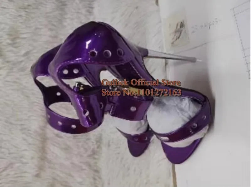 Padlock Metal Stiletto High Heels Sandals Purple Black Red Leather Big Ankle Strap Studded Celebrating Shoes
