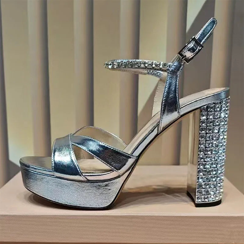 Summer Super High Heels Sandals Woman Rhinestone Studded Chunky Heels Party Shoes Woman Crystal Platform Sandals For Women