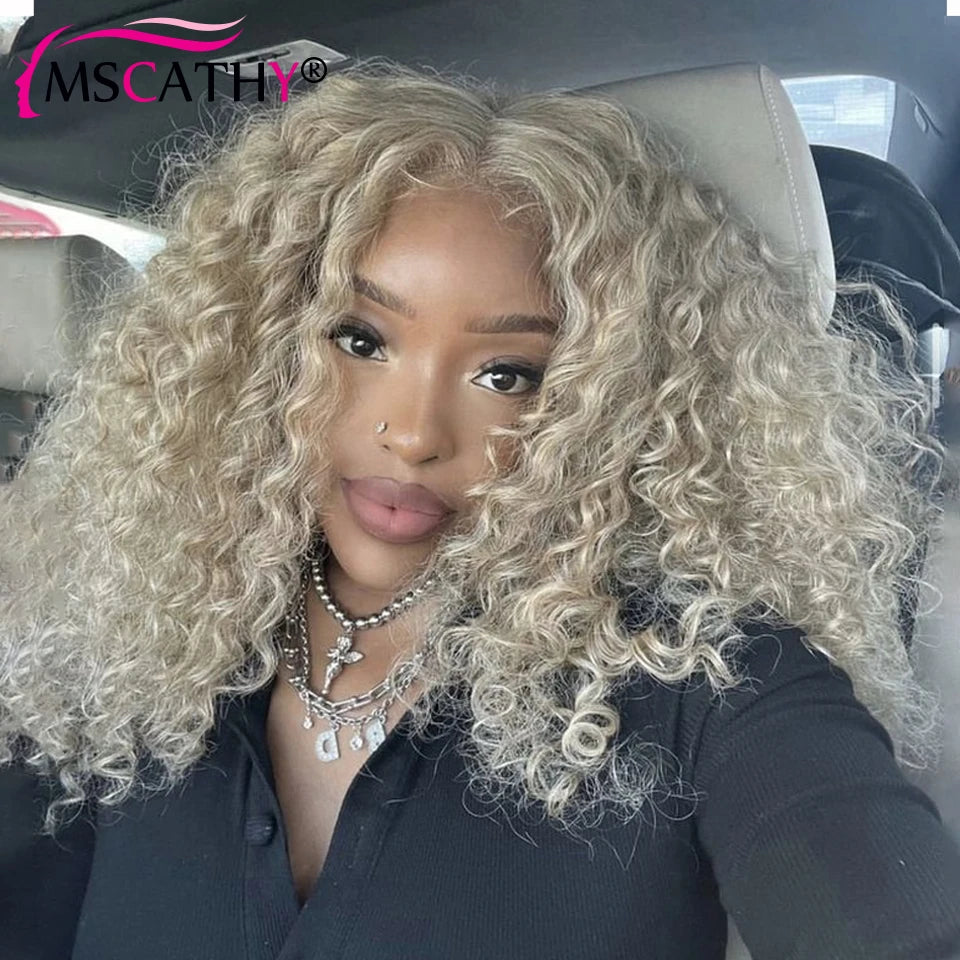 200% Ashy Blonde Colored Glueless Wigs For Women Kinky Curly Brazilian Virgin Human  Hair Wigs Pre-cut Lace Closure Wig Prepluck