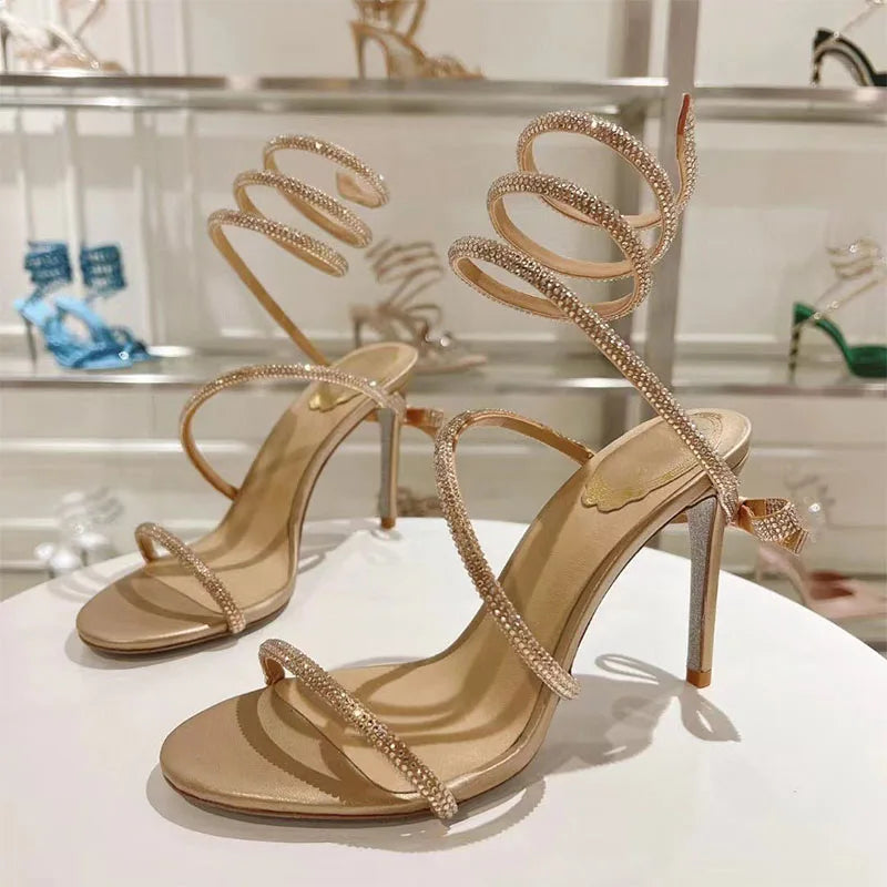 Summer High Heels Sandals Woman Crystal Snake Twine Around Ankle Strap Wedding Shoes Stiletto Butterfly-knot Sandals For Women