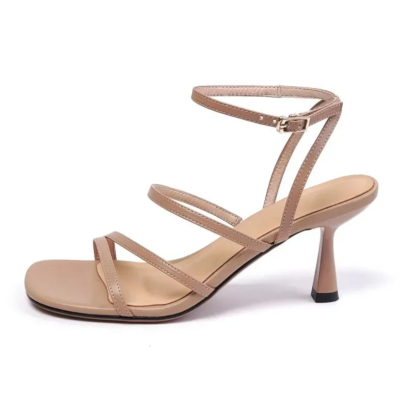 2025 New Trend Ankle Strap Sandals Summer Women Sexy Party Ladies Open Toe High Heels Woman Beige Apricot One Word Buckle Sandal