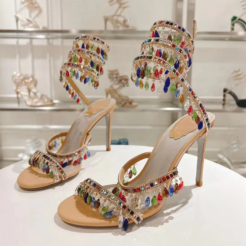 Sexy High Heels Gladiator Sandals Women Crystal String Bead Snake Twine Around Ankle Strap Wedding Shoes Summer Sandals Woman