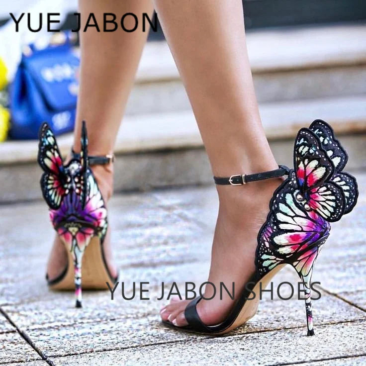 Black butterfly sandals leather metallic embroidered angel wings dress woman high heels open toe buckle strap lady thin pumps