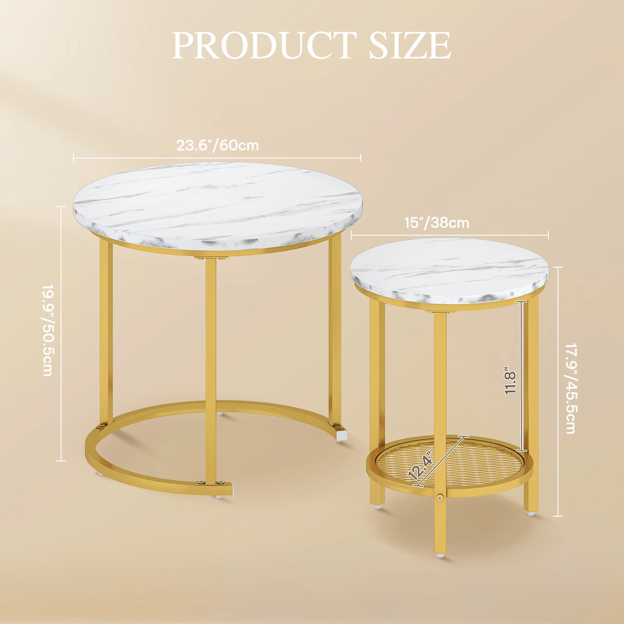 YITAHOME 2-Piece Nesting Coffee Table Set - Round Wood Top & Metal Frame with Storage, 60x60x50.5cm, Easy Assembly