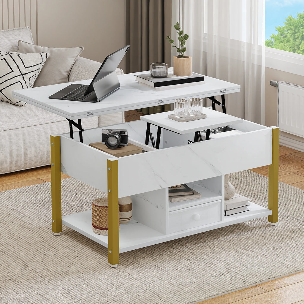 YITAHOME White Marble Lift Top Coffee Table 4 in 1 with Drawers Storage Converts to Dining Table for Living Room