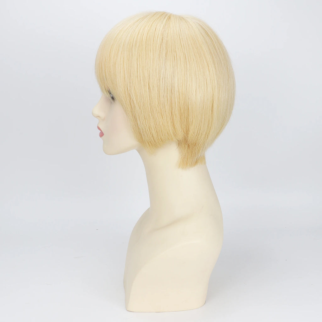 #613 Light Blonde Pixie Cut Wig with PU Front Mono Base Wig for Women Silk Crown Lace Back Real Virgin European Human Hair