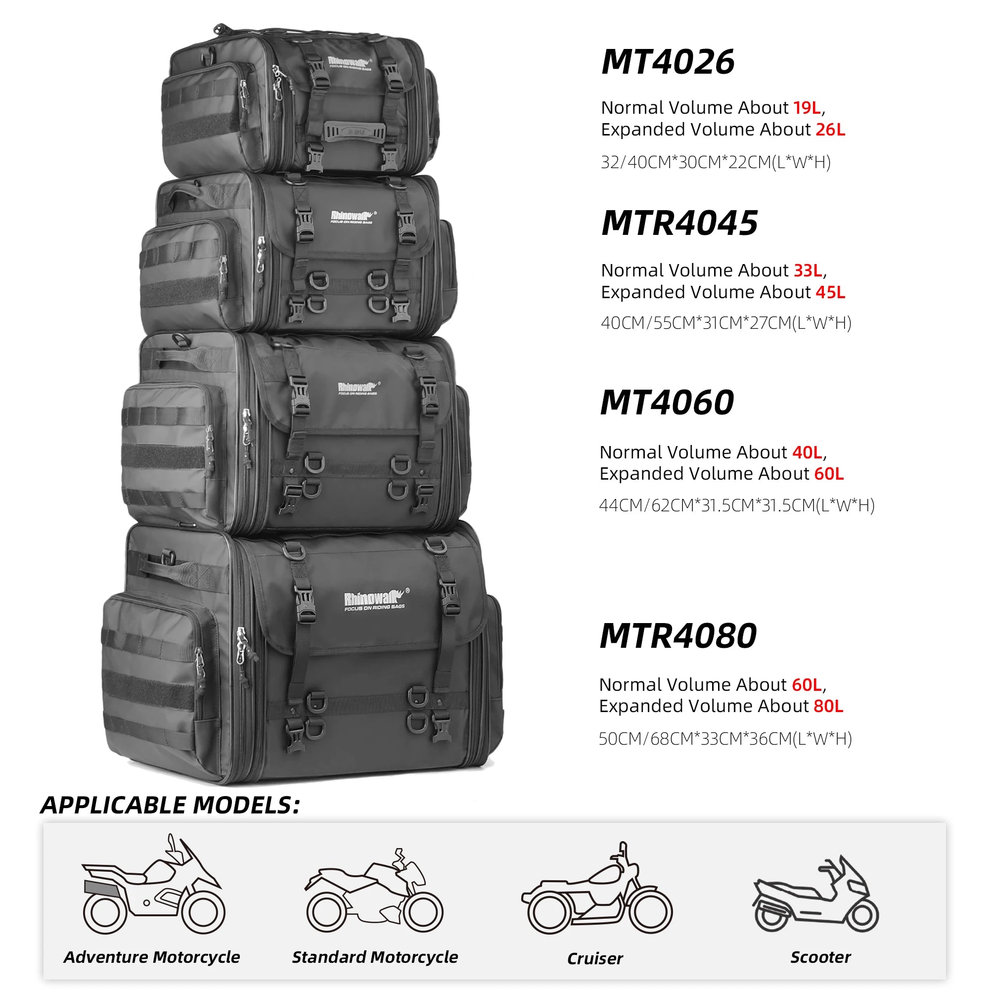Rhinowalk  Motorcycle Tail Bag 26L/45L/60L/80L Waterproof Expandable Motorcycle Bag Large Capacity Travel Motorcycle Rack Bags