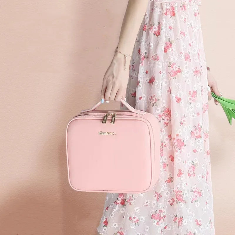 New LED Lighted Cosmetic Case with Mirror PU Leather Portable Travel Makeup Storage Bags