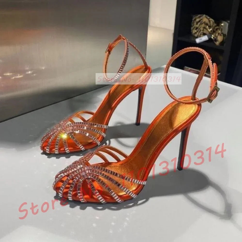 Chocolate Crystal Cross Sandals Women Cross Strap Summer Vacation Shoes Stiletto Heels Sexy Banquet Casual High Heels Sandals