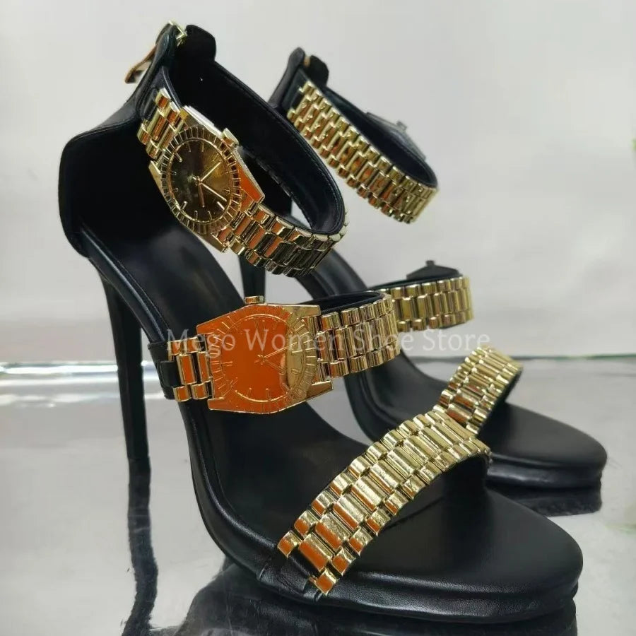 2025 New Metal Watch Strap Decorative Sandals Golden Open Toed Stiletto High Heels Women's Shoes Fashion Sandals Large Size 43