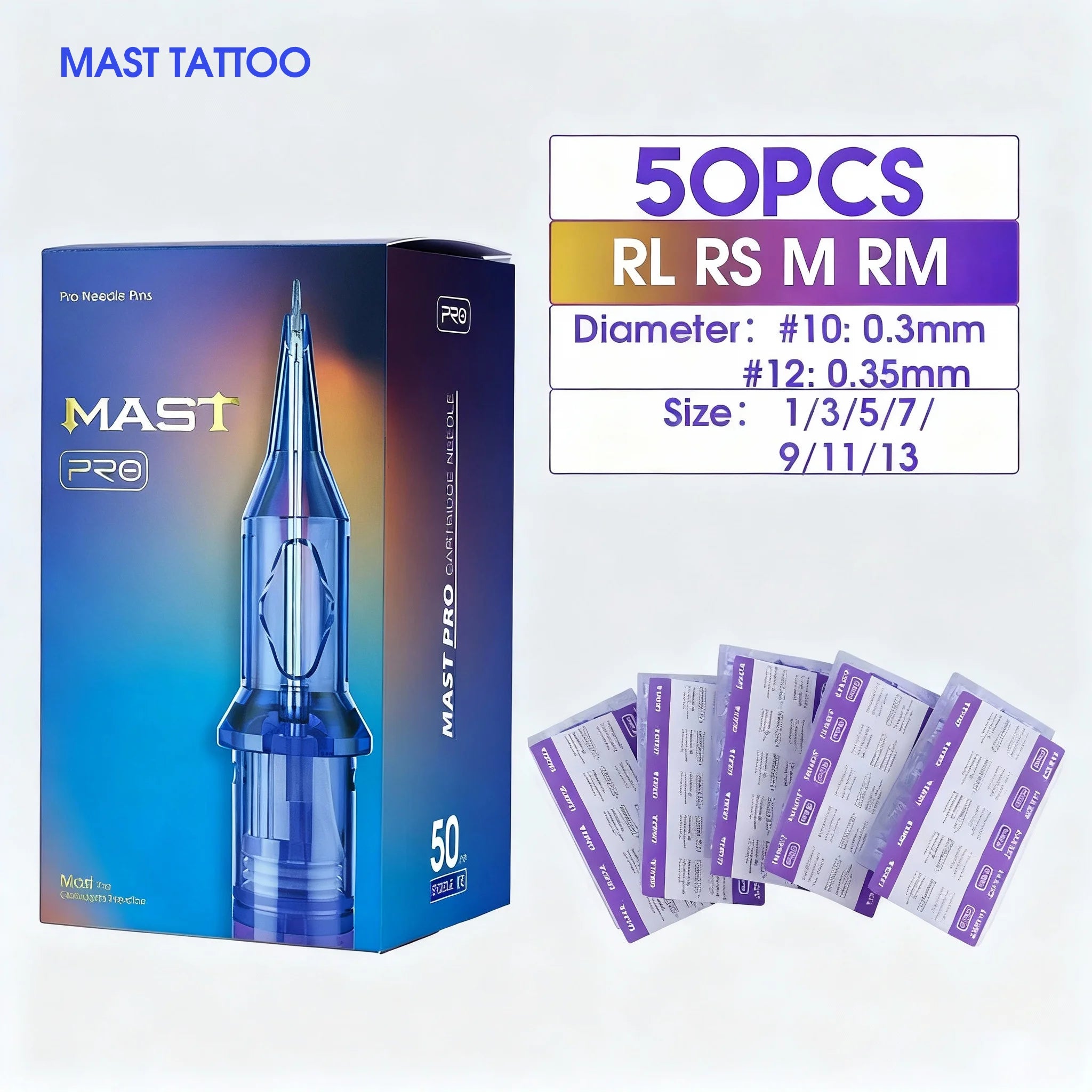 50pcs/Box Mast PRO Tattoo Cartridge Needles Mixed Size RL/RS/RM/M Disposable Safety for Tattoo Gun Permanent Makeup Needles