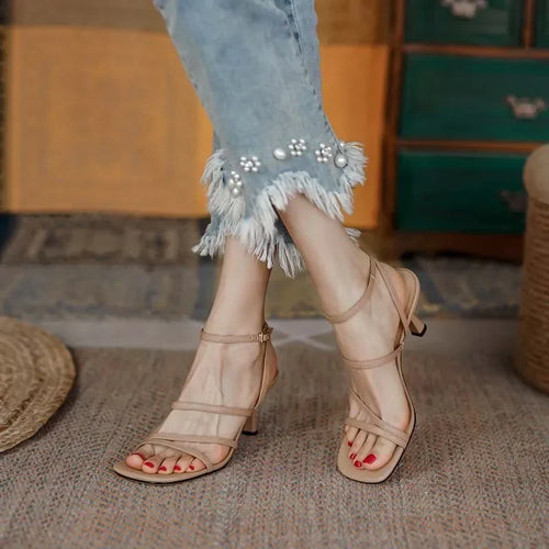 2025 New Trend Ankle Strap Sandals Summer Women Sexy Party Ladies Open Toe High Heels Woman Beige Apricot One Word Buckle Sandal