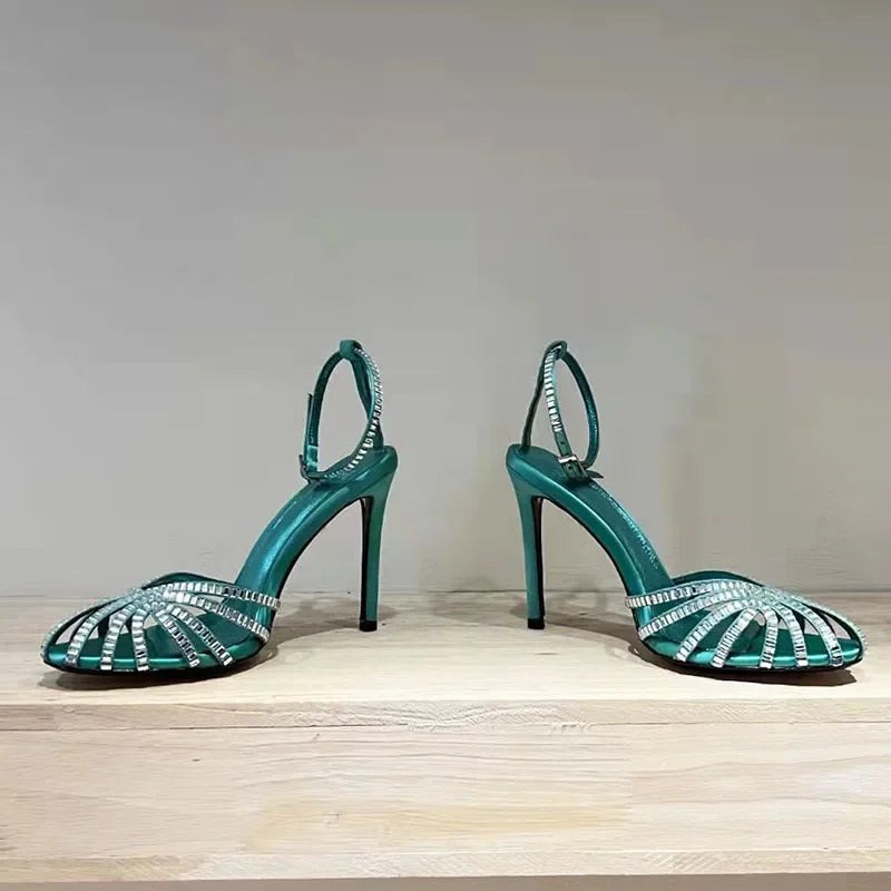 Rhinestone Sandals Woman High Heels Hollow Outs Summer Sandalias Woman Ankle Strap Crystal Shoes Women Stiletto Sandals Woman