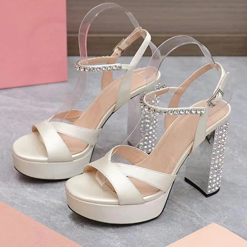 Summer Super High Heels Sandals Woman Rhinestone Studded Chunky Heels Party Shoes Woman Crystal Platform Sandals For Women
