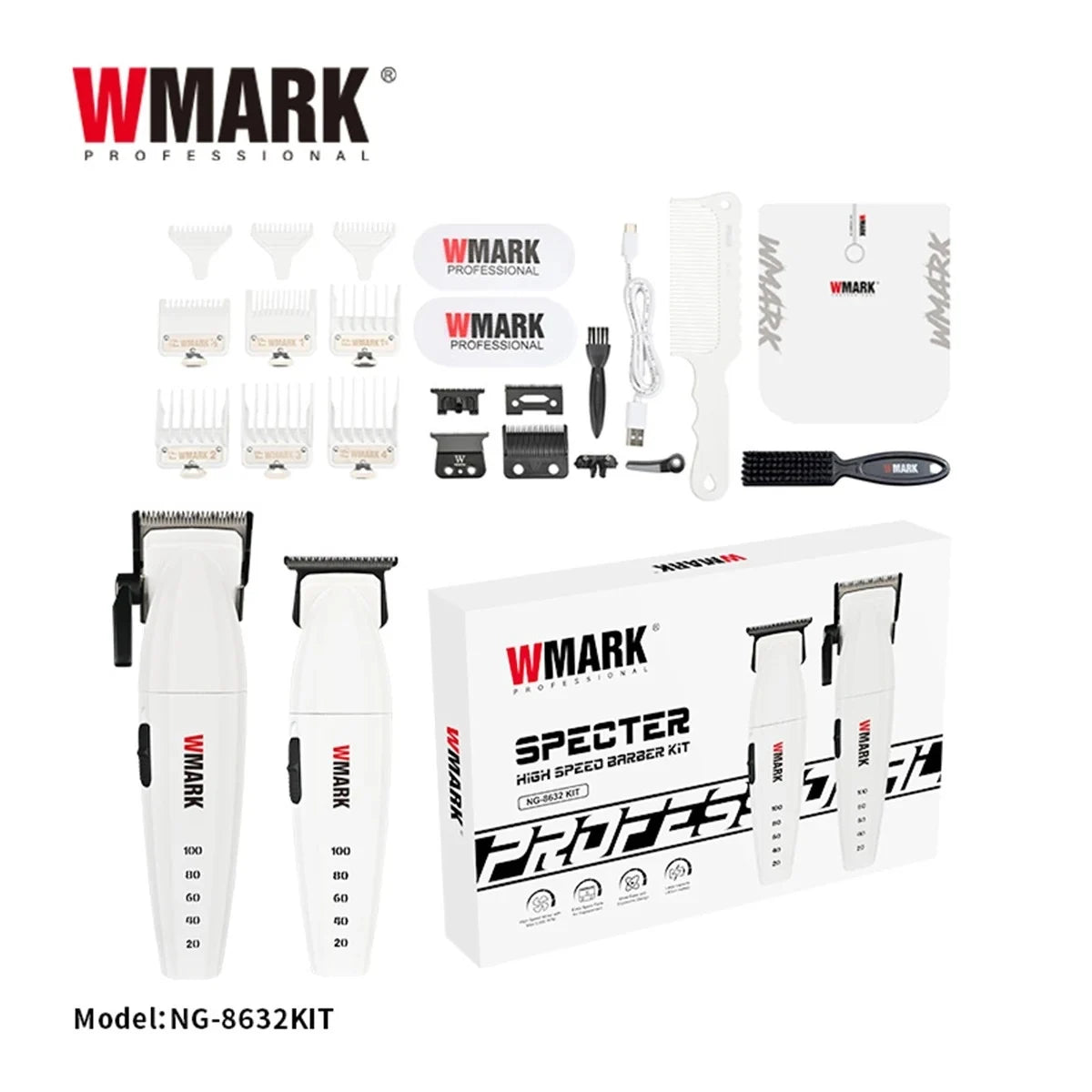 WMARK NG-8632 Professional Electric Hair Clipper 9000RPM DLC Blade Hair Trimmer with Spare Blades 10000RPM Shaver Barber Kit