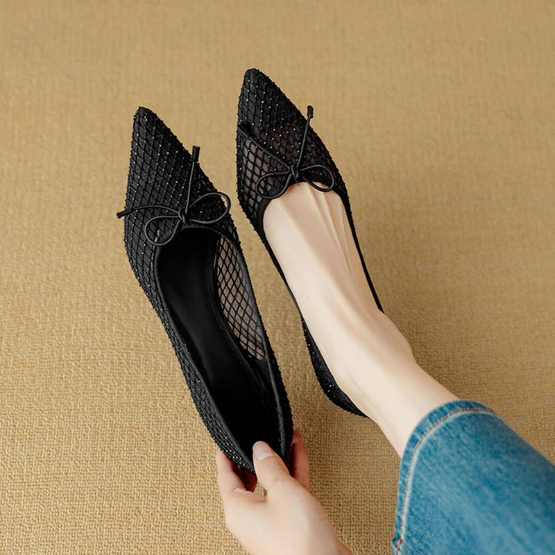 NEW Spring/Autumn Women Pumps Pointed Toe Thin Heel Shoes Sweet Mesh Shoes for Women Elegant Bow-knot Shallow Slip-on High Heels
